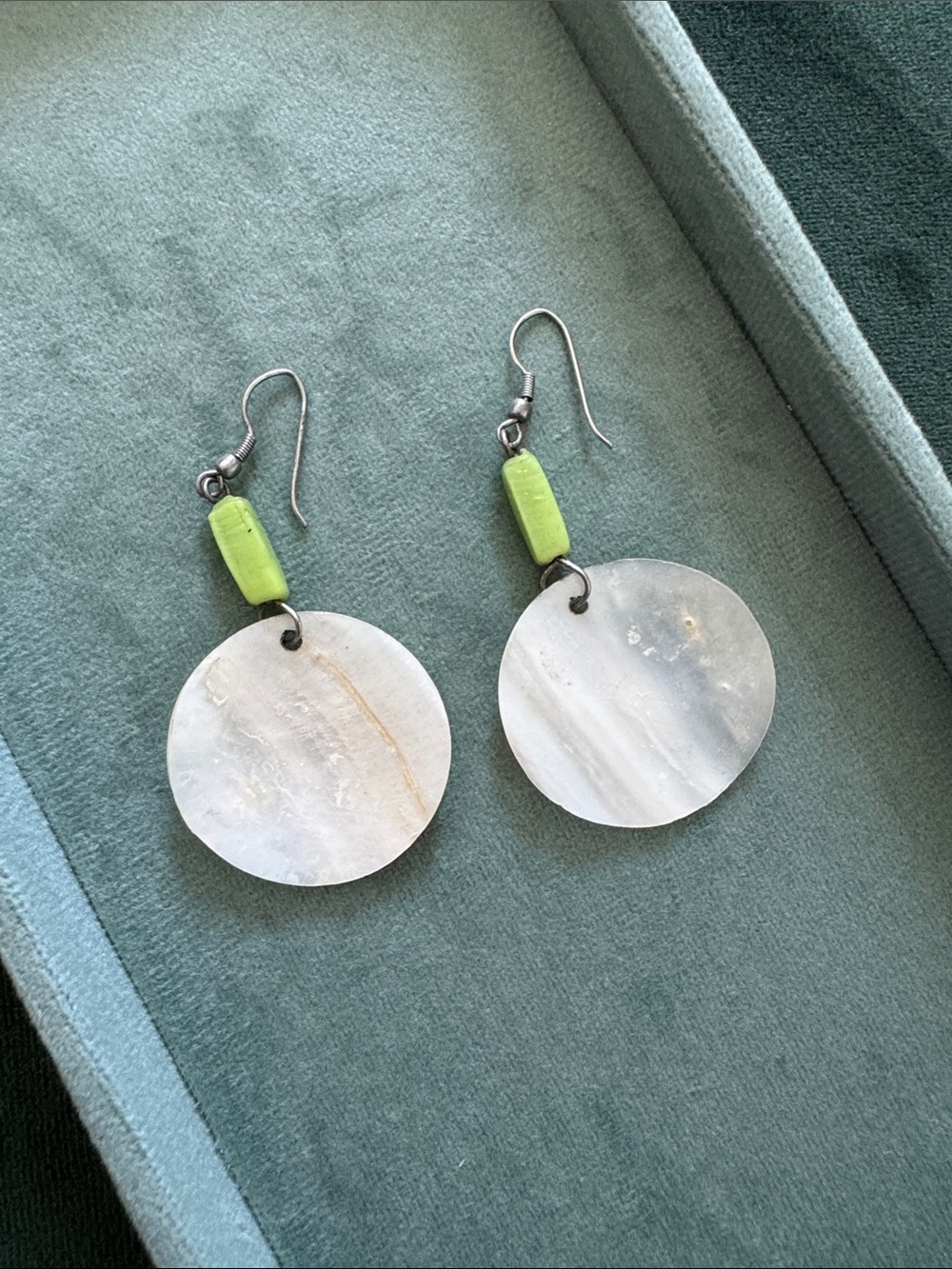 Handcrafted White Shell Disc Earrings with Lime Accent - Picture 4 of 4